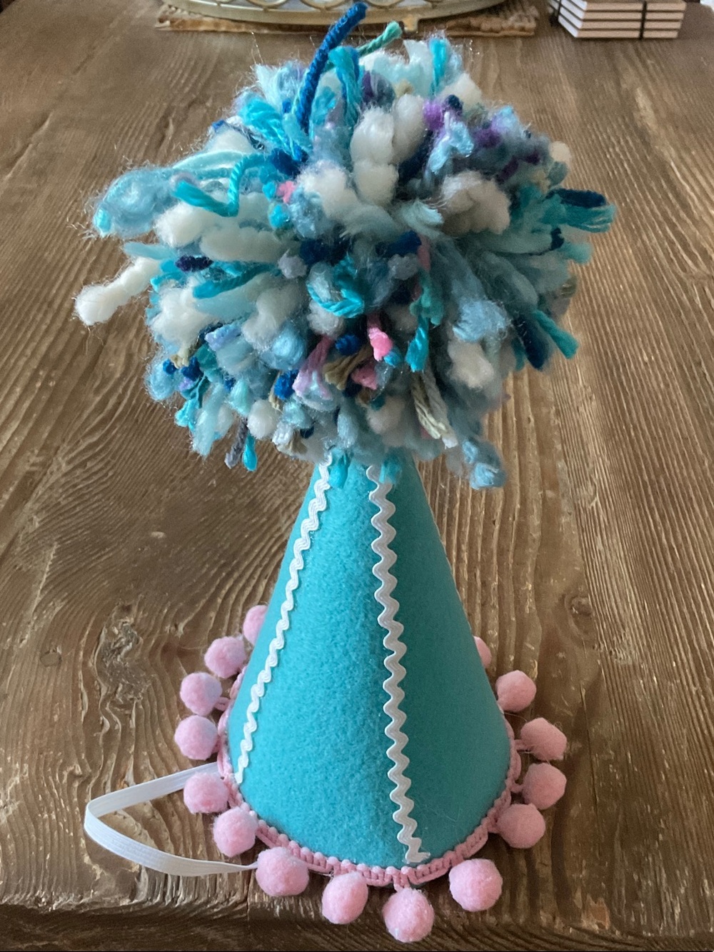 Children's Teal Birthday Party Cone Hat with Pink Pom Trim